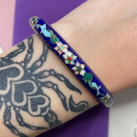 💛 Vintage Blue Floral Cloisonné Bangle Bracelet - Picture 3 of 4